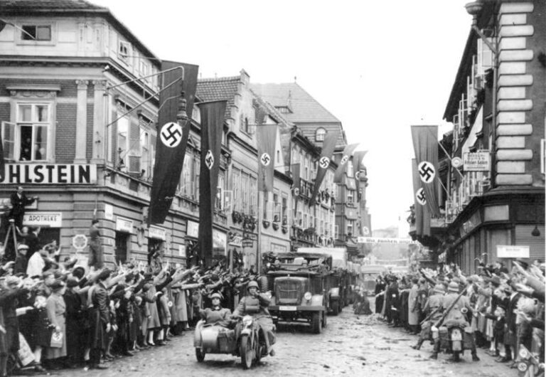 German streets decorated with swastika flags and banners.